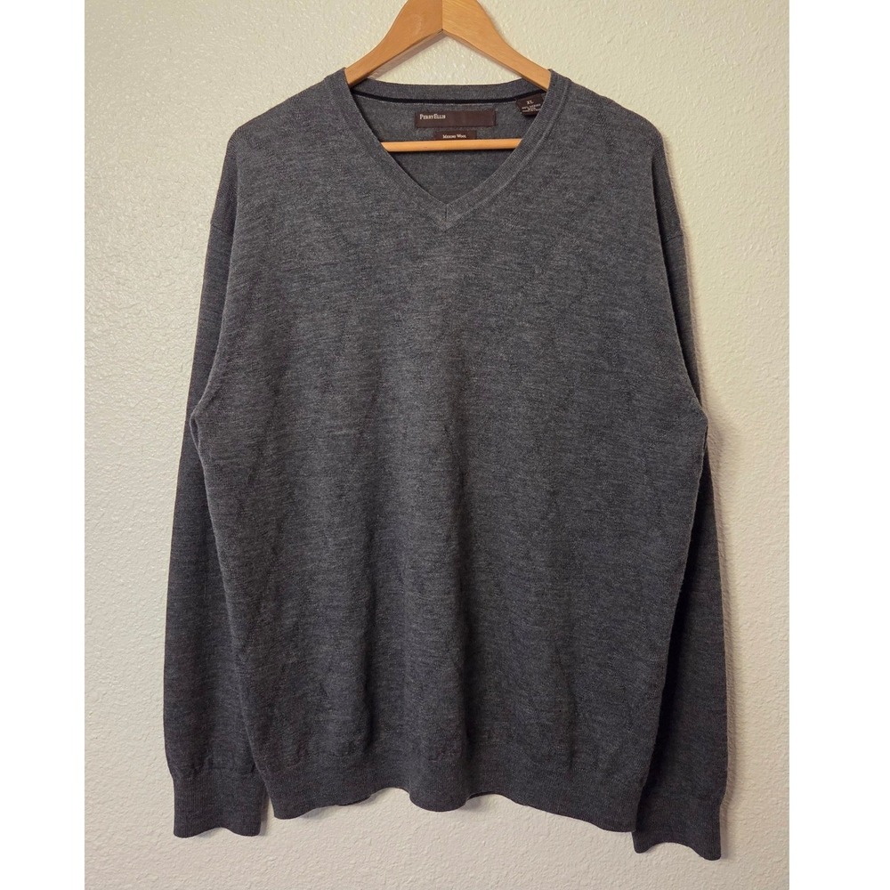 Perry Ellis‎ Old Money 100% Gray Merino Wool V-Neck Sweater Men's XL